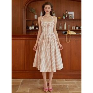 Lacemade Floral Corset Dress Women S/XS‎  Pink Cottagecore Halter Midi Coquette
